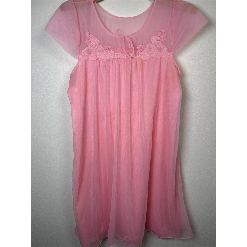 Vintage 70s JCPenney Gaymode Pink Nylon Nightgown L‎ Sheer Floral Appliqué Flowy
